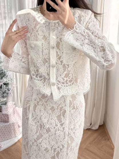 Lace Snap Down Top and Skirt Set - Fashorio