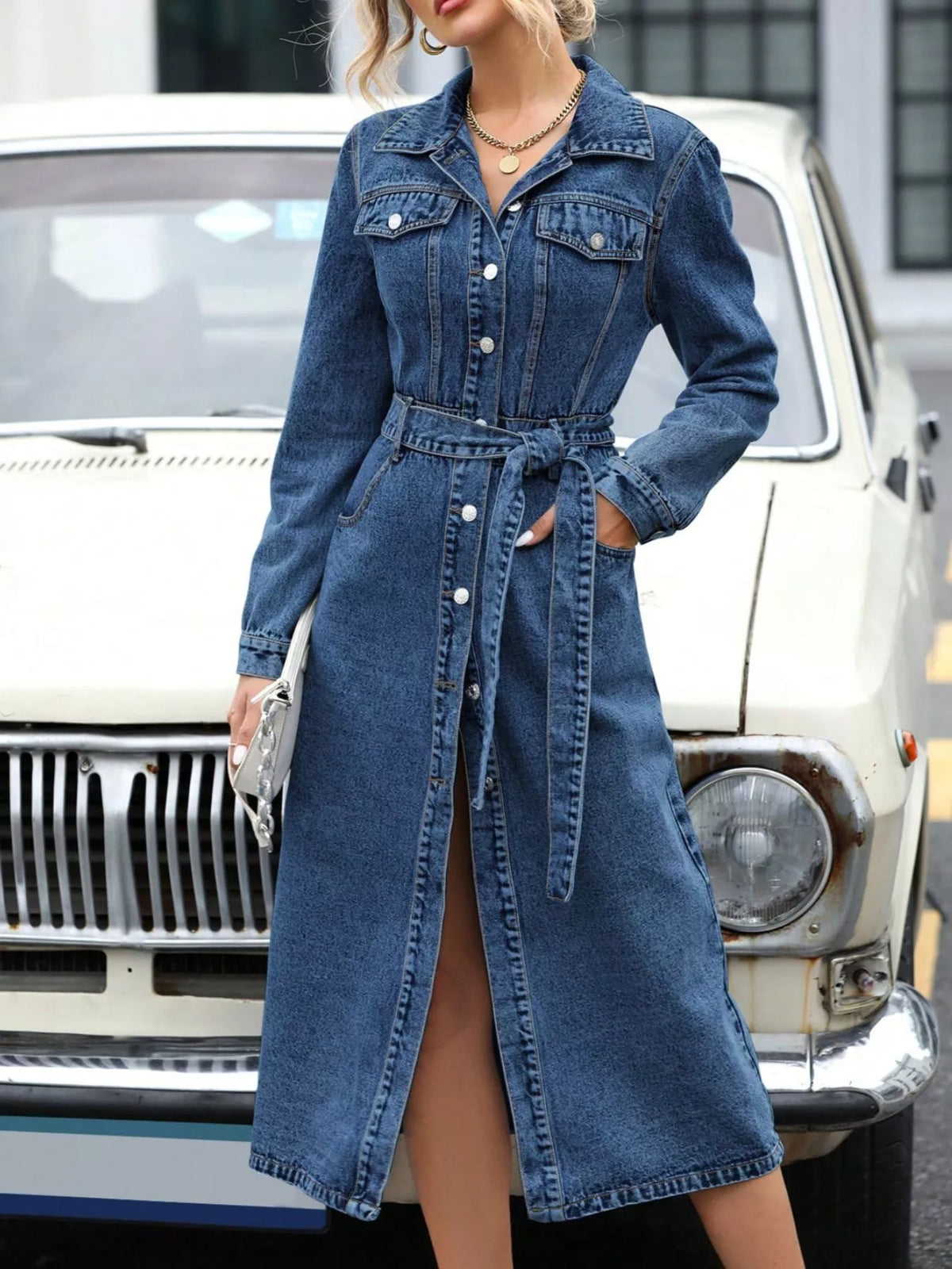 Belted long sleeve denim dress front view