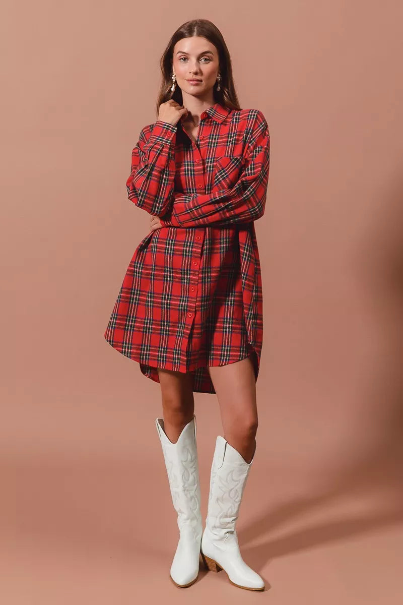 Checker Plaid Button Up Shirt Dress in Red side view