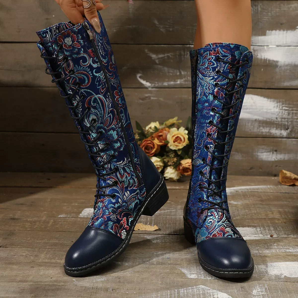 Embroidered Lace Up Block Heel Boots angled three quarter view
