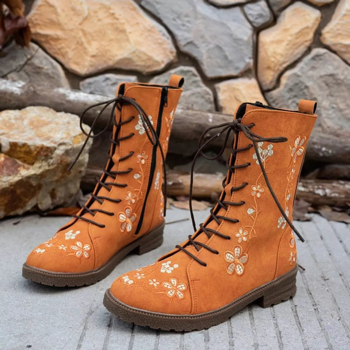 Round toe block heel ankle boots angled view