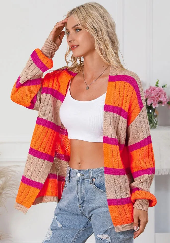 Contrast Striped Drop Shoulder Open Front Cardigan - Fashorio