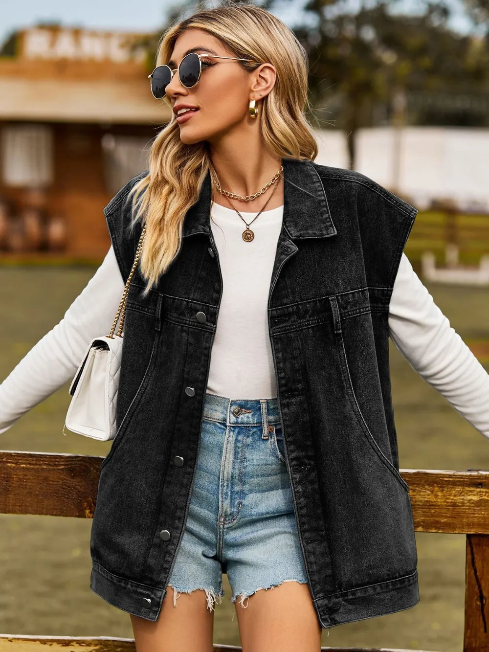 Button Up Collared Neck Sleeveless Denim Jacket - Fashorio