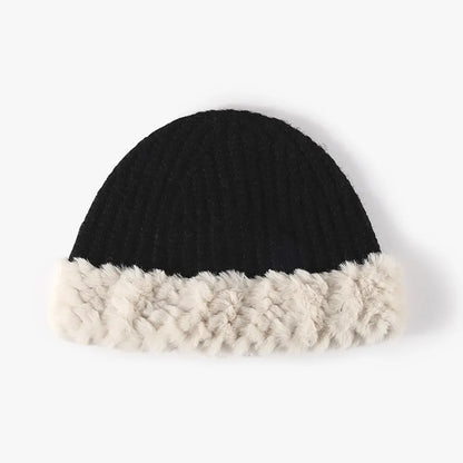 Fuzzy Hem Knit Hat Black One Size - Fashorio