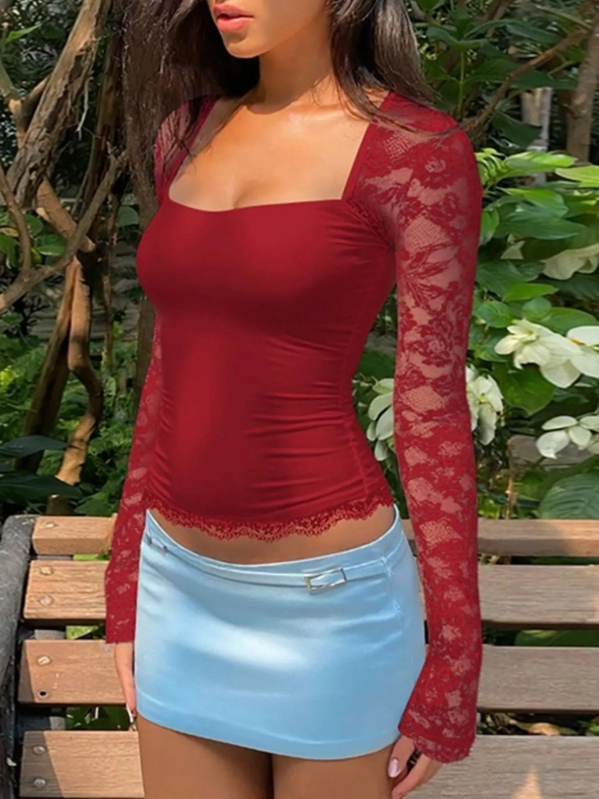 Flat lay of the Sable sheer lace sleeve square neck tee