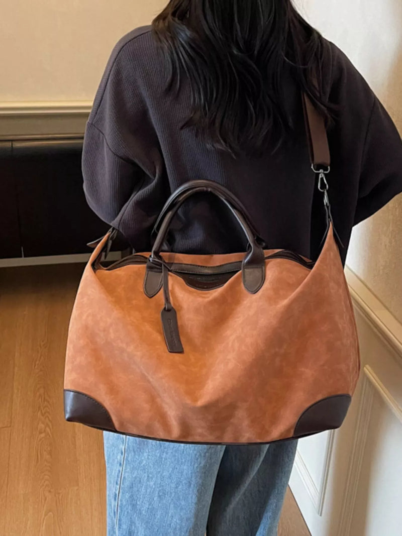 Vintage brown PU leather travel duffel bag front view