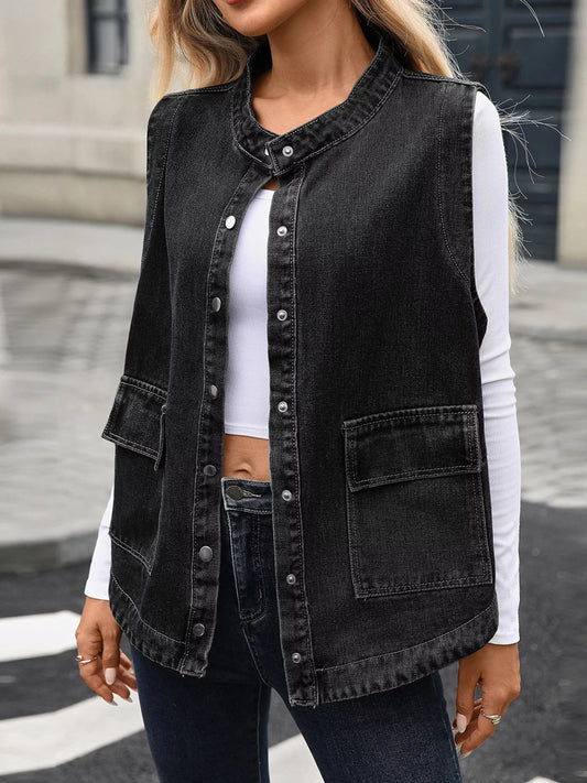 Snap Down Sleeveless Denim Jacket with Pockets Black - Fashorio