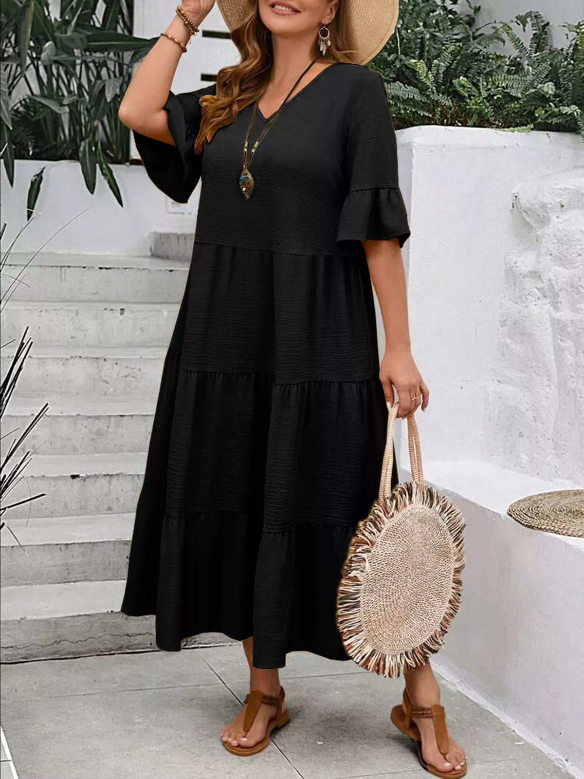 Ruffle sleeve tiered midi dress front view