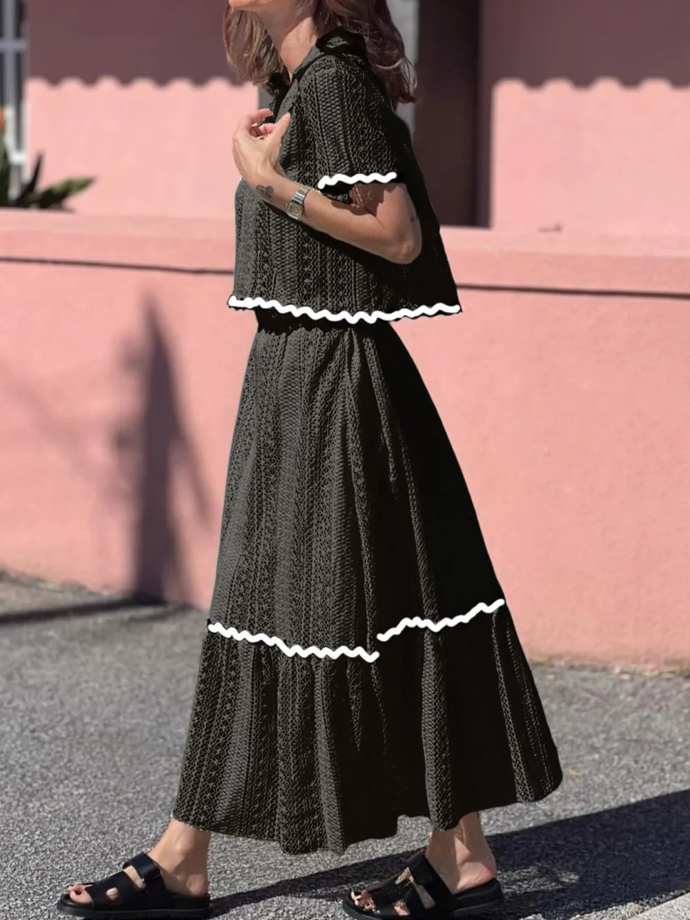 Contrast Trim Openwork Top and Skirt Set, view 6