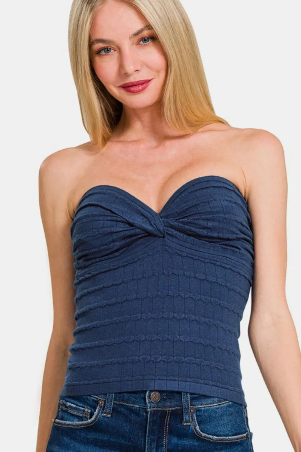 Light navy ruched sweetheart neck top front