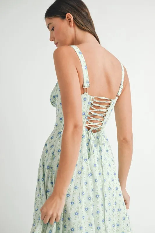 Floral Print Bustier Back Lace Up Midi Dress view 10