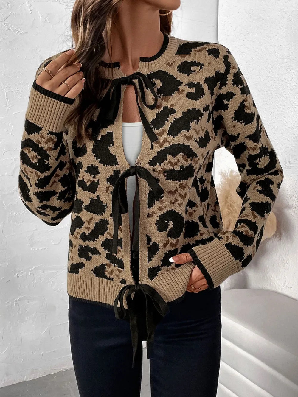 Tied leopard print long sleeve cardigan front view