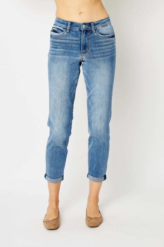 Judy Blue Plus Size Cuffed Hem Slim Jeans – Stretch Denim Medium - Fashorio