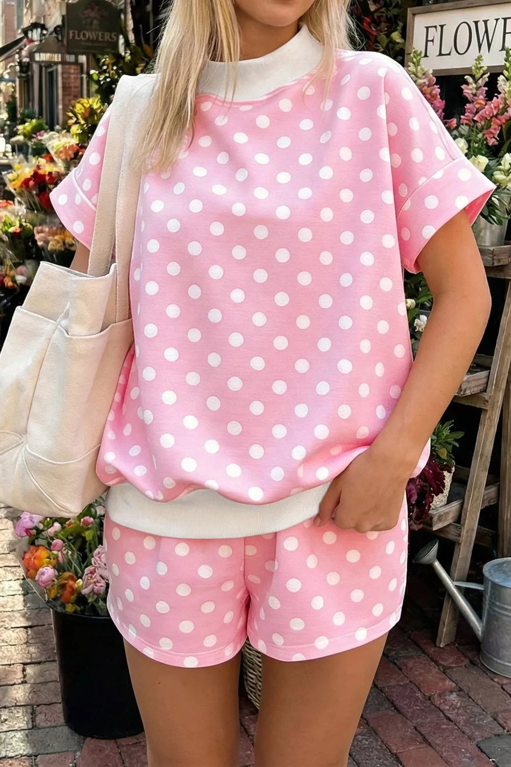 Polka dot short sleeve top and shorts set front view