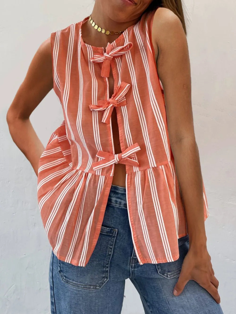 Tie hem striped tank top angled front view