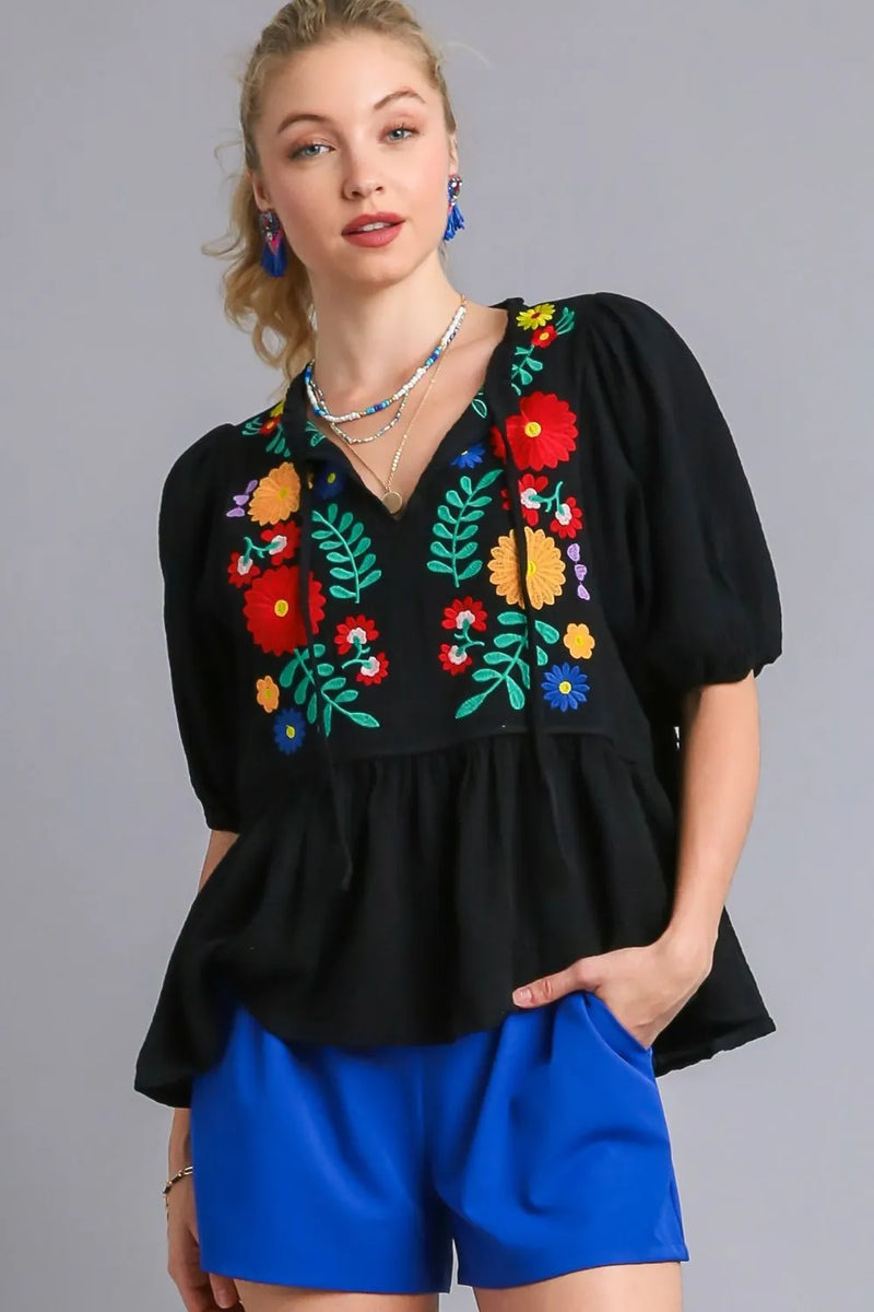 Cotton gauze embroidered babydoll blouse front