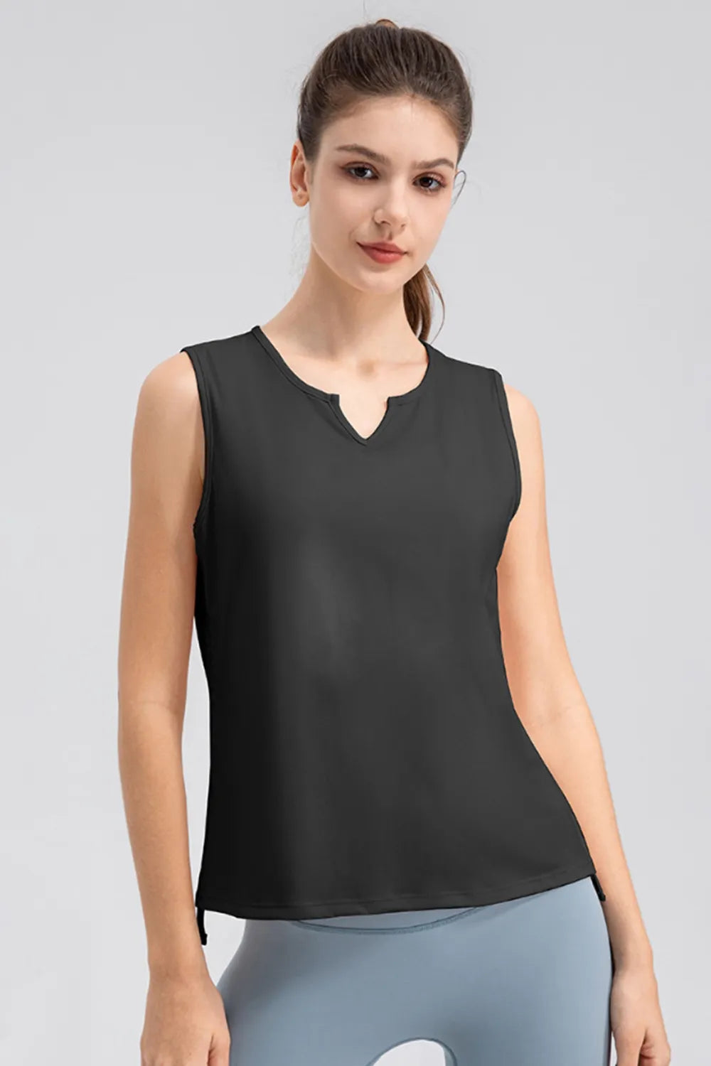 Notched neck wide strap active tank angled view