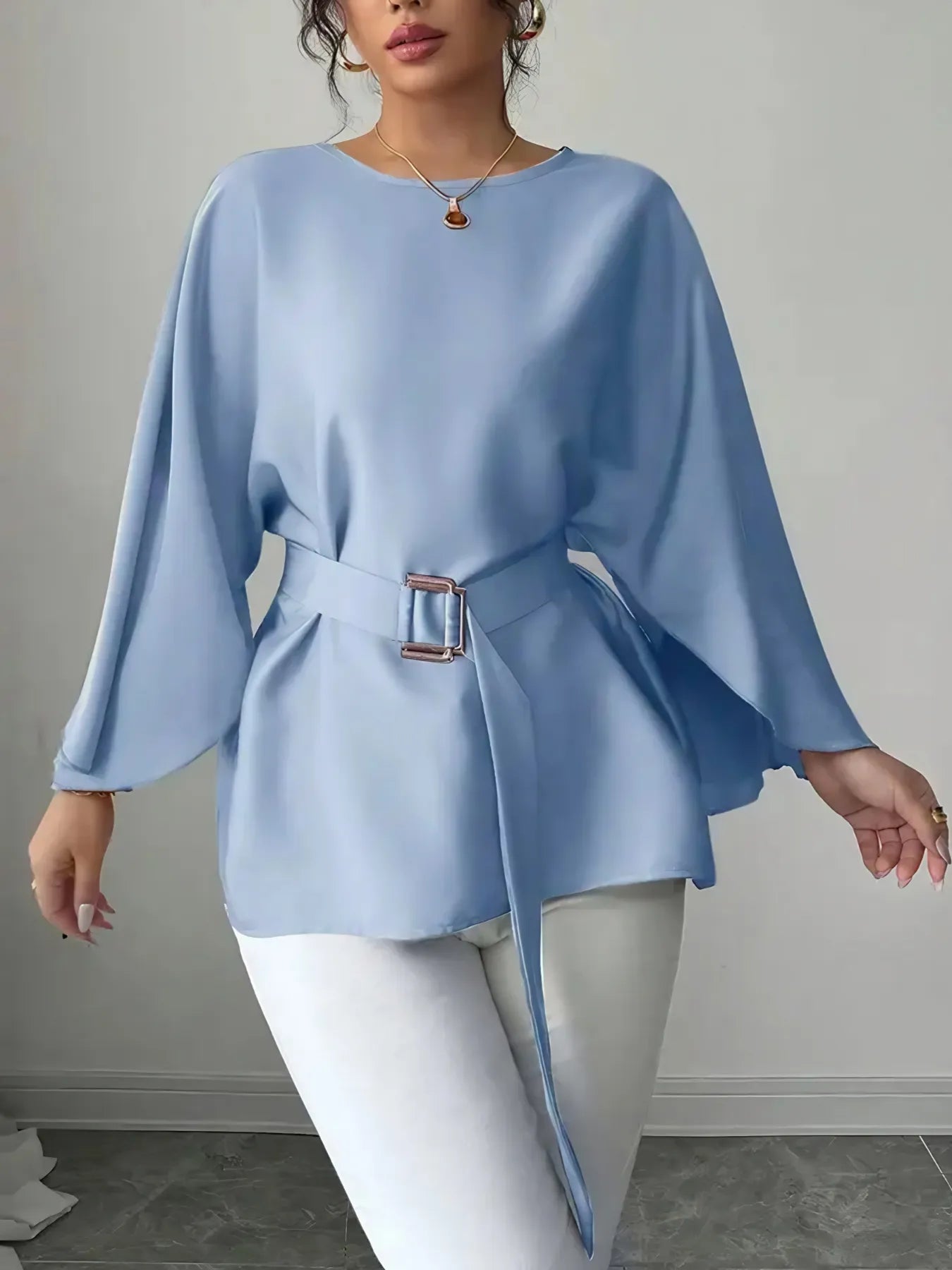 Belted Round Neck Flutter Sleeves Blouse - Fashorio