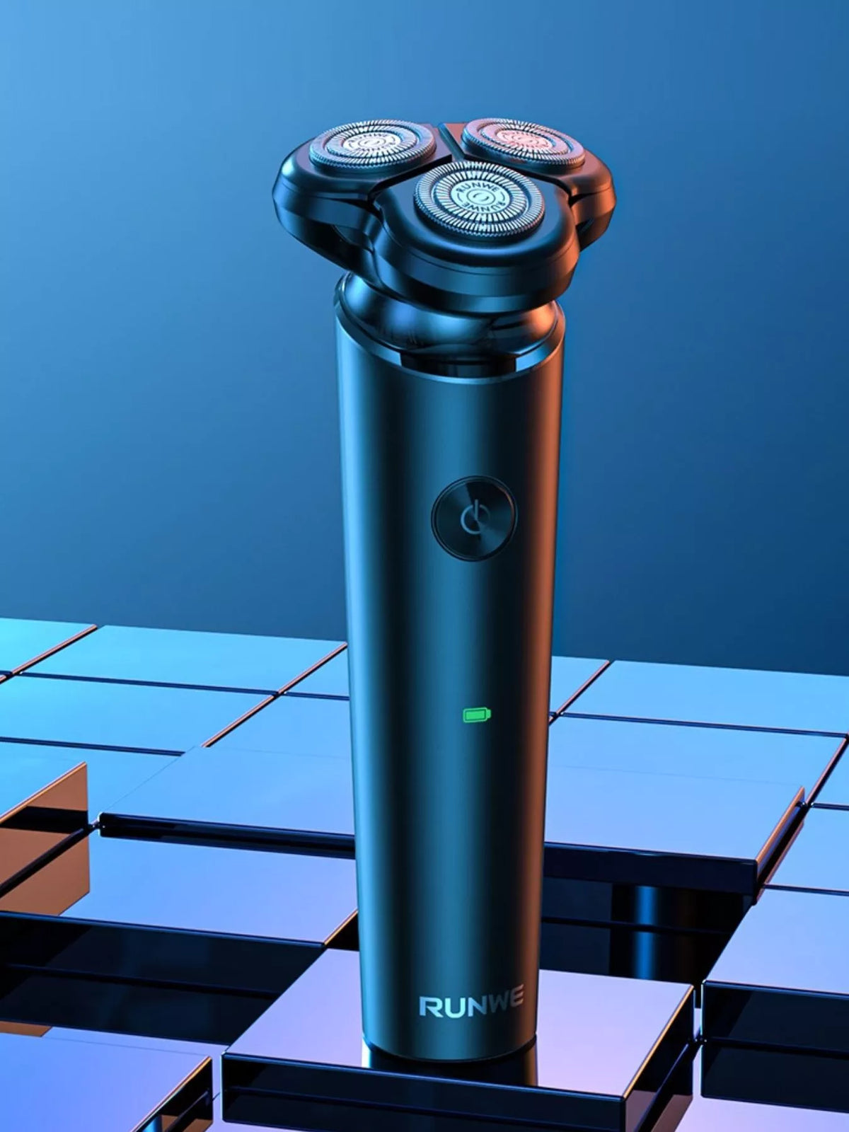 3 head rotary electric shaver in black front view