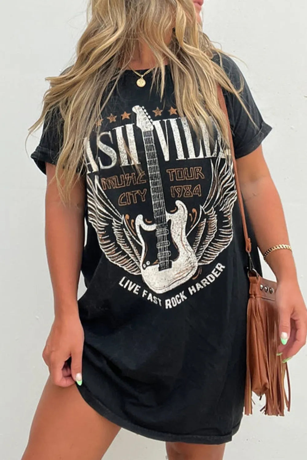 Black graphic tee dress back view