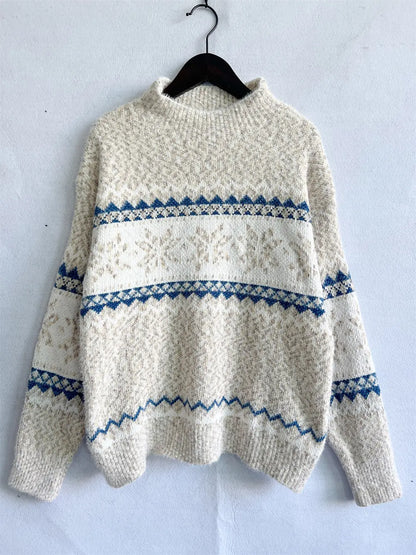 Geometric Mock Neck Dropped Shoulder Sweater - Fashorio