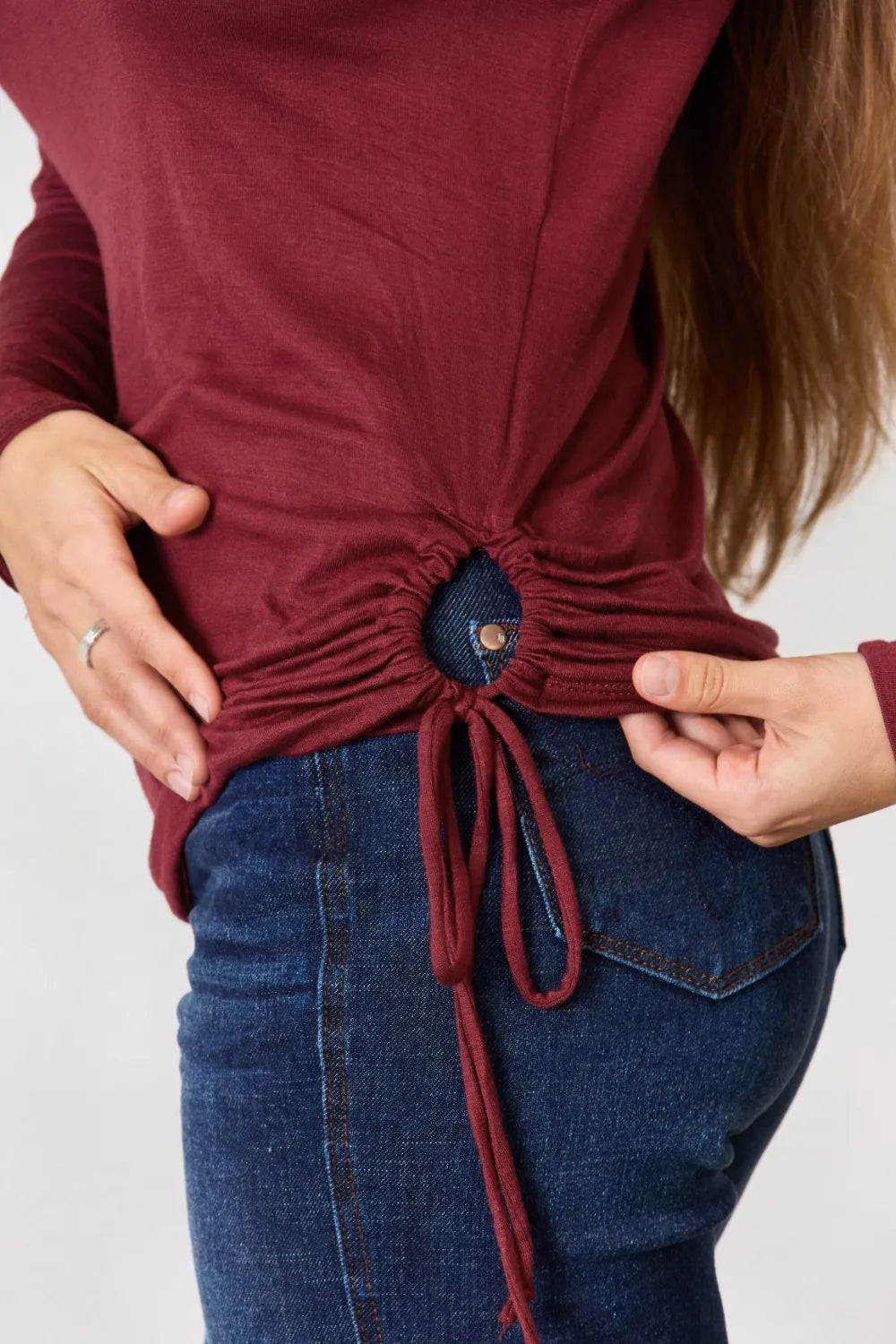 Culture Code Full Size Drawstring Round Neck Long Sleeve Top - Fashorio