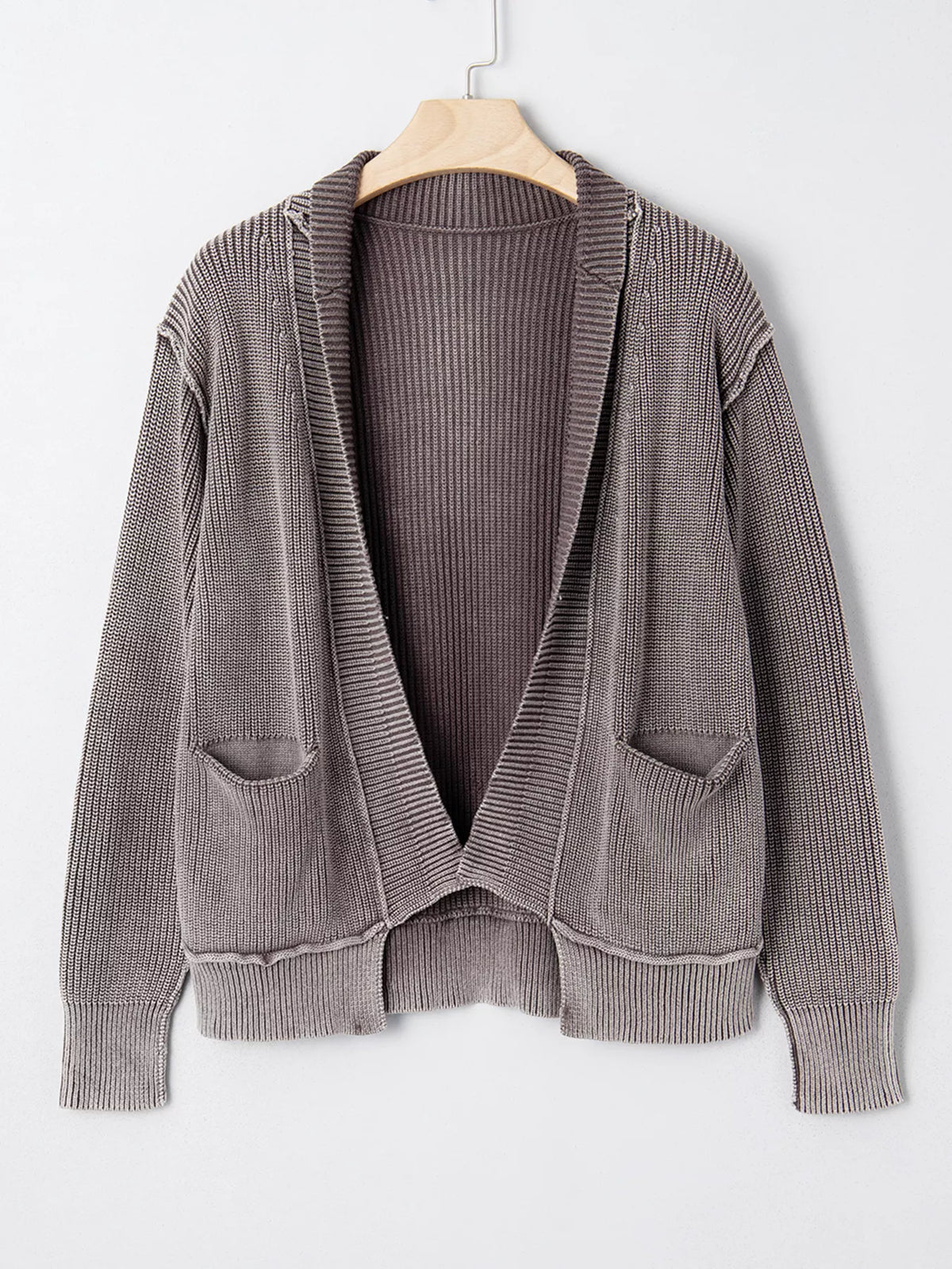 Mineral wash patchwork open cardigan in dark gray close up detail