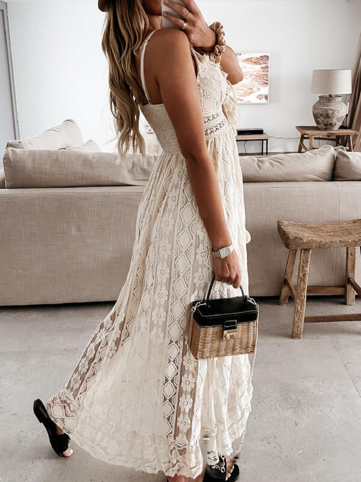 Ruffled lace v neck maxi dress back view