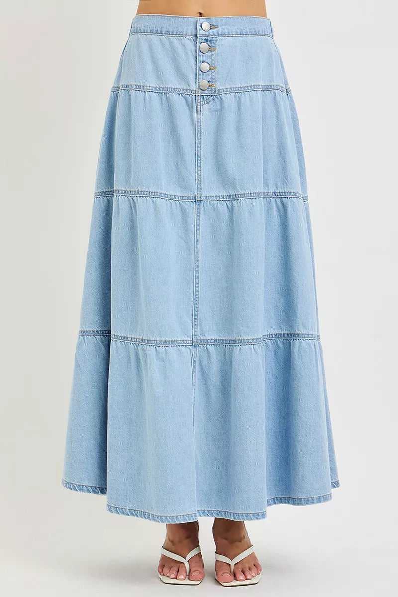 Light wash denim tiered maxi skirt front view
