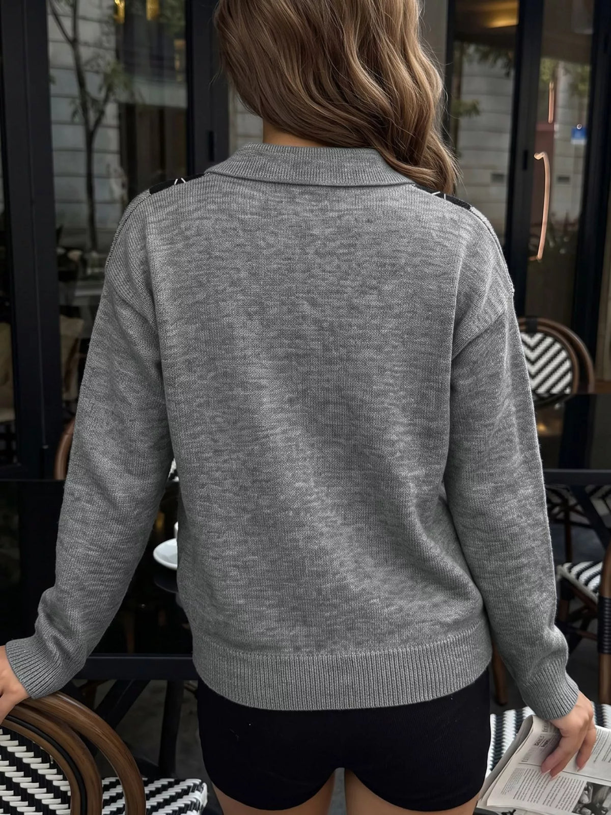 Argyle Polo Collar Ribbed Sweater on model