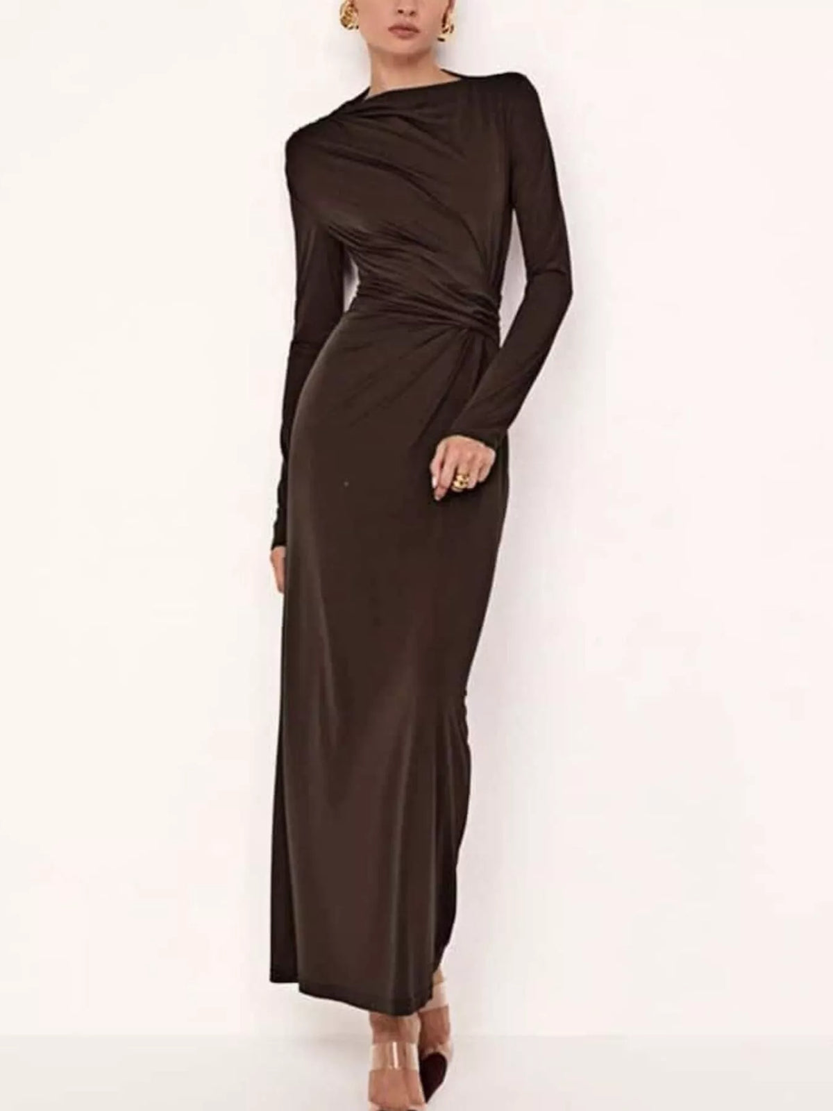 ruched long sleeve bodycon maxi dress standing pose