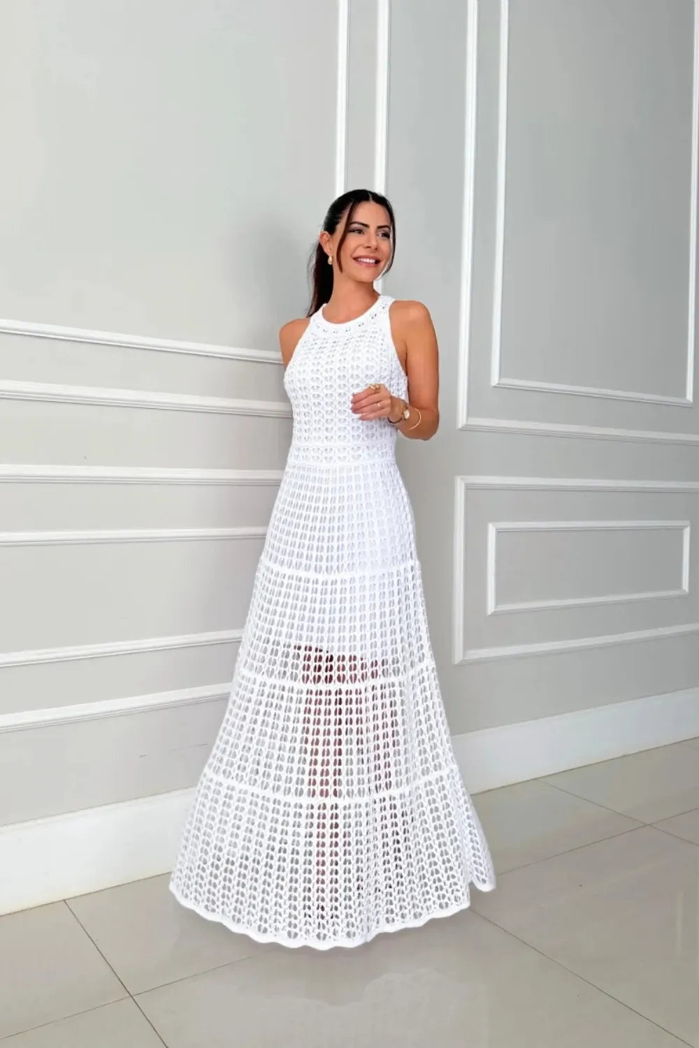 Flowy hollowed out maxi dress on model