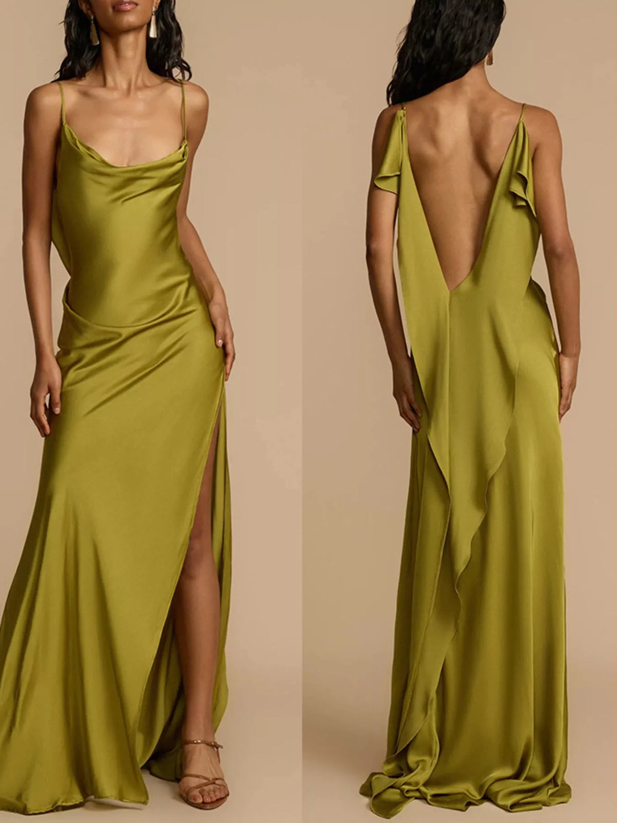 Matcha satin cowl neck slit maxi dress close up