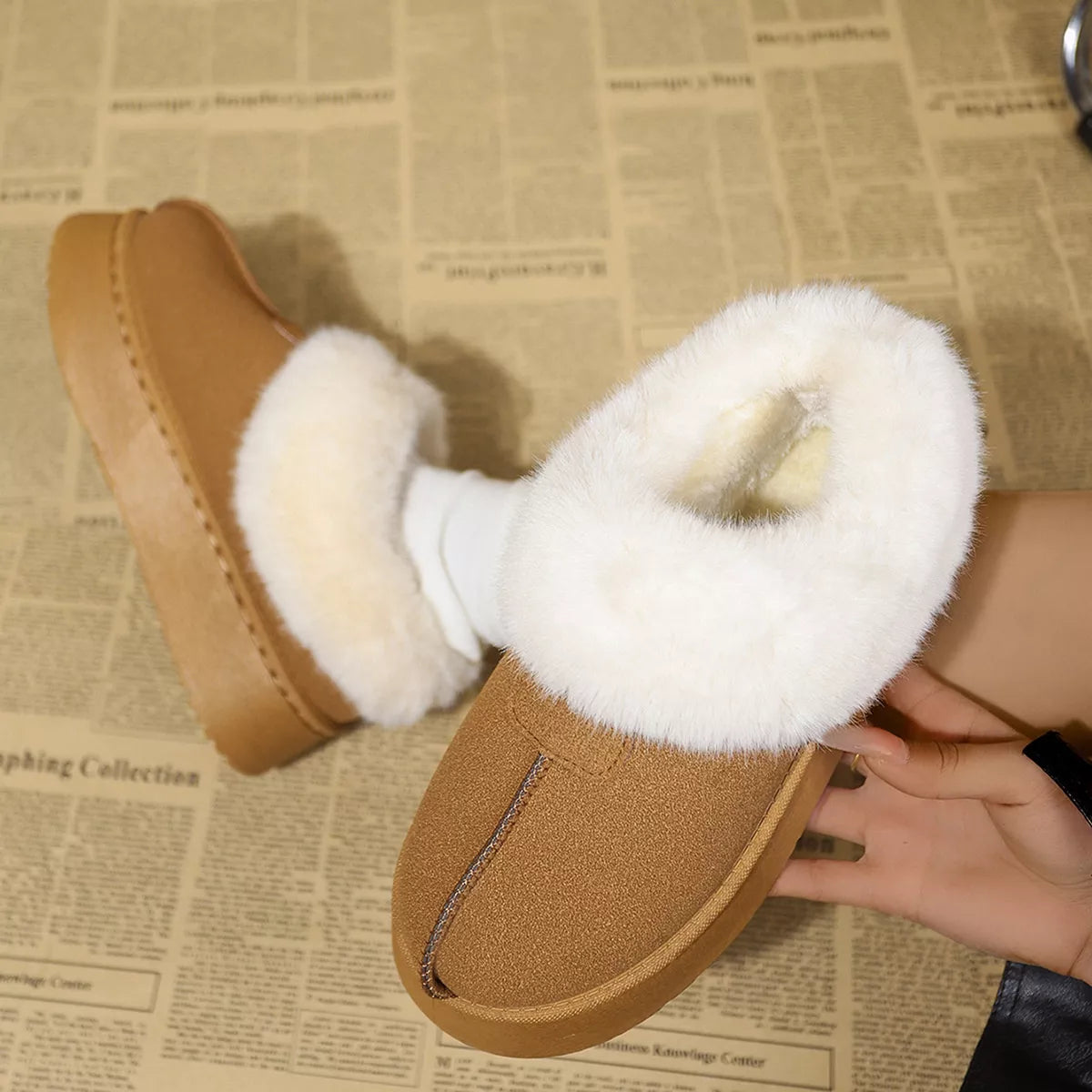 Fuzzy trim platform boots lace and strap detail
