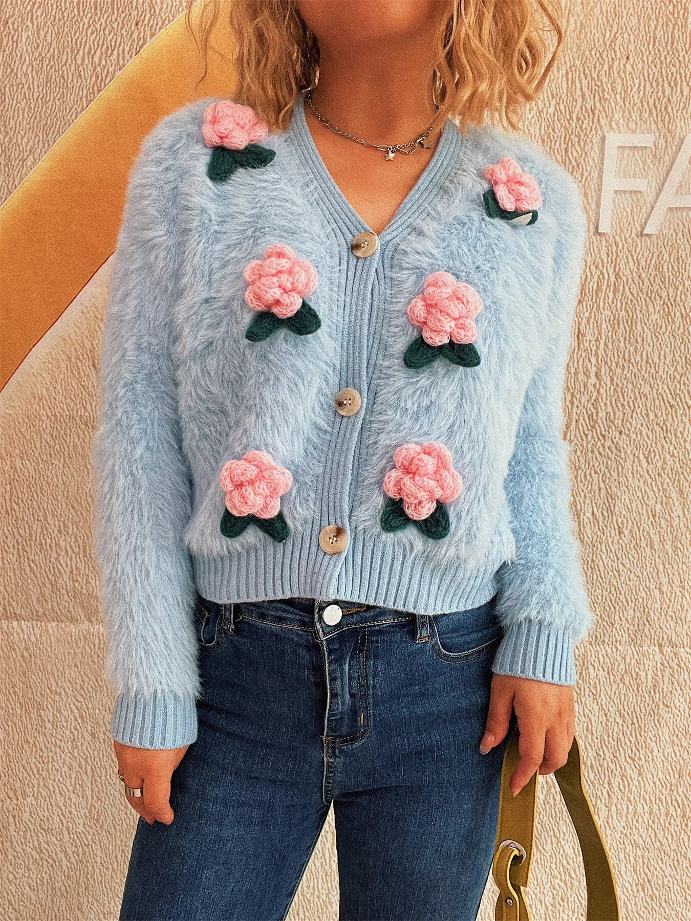Flower Fuzzy Button-Up Cardigan - Fashorio