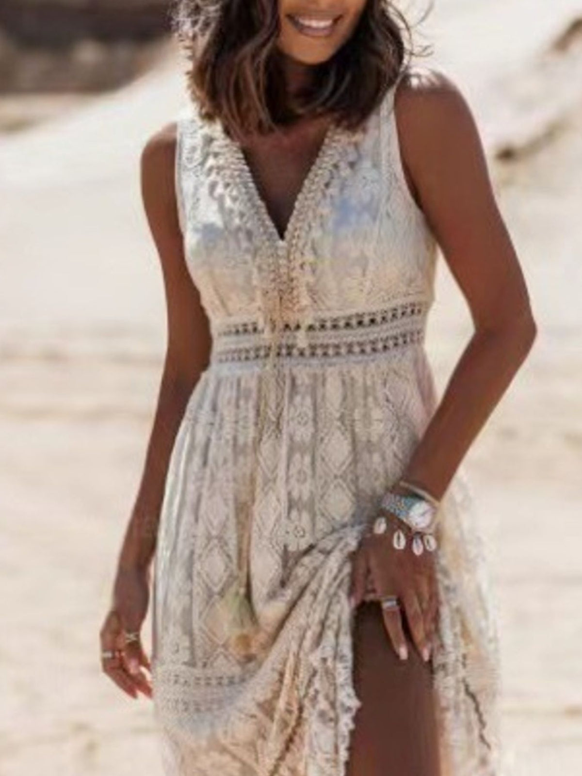 Lace V neck sleeveless maxi dress back view
