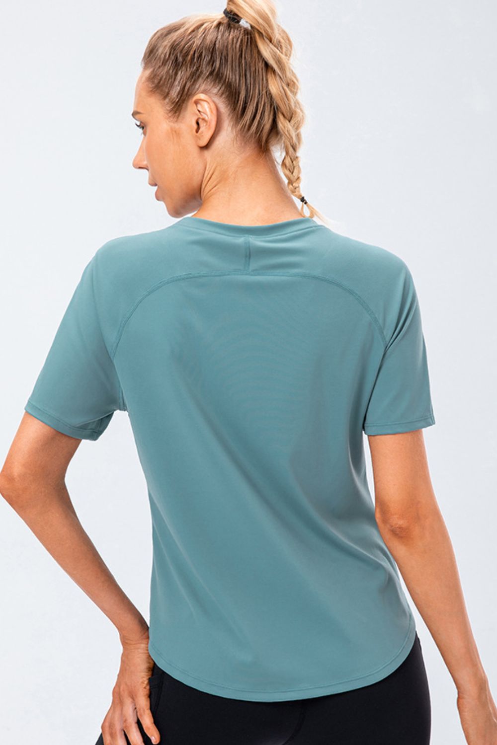 round neck raglan sleeve active tee back view