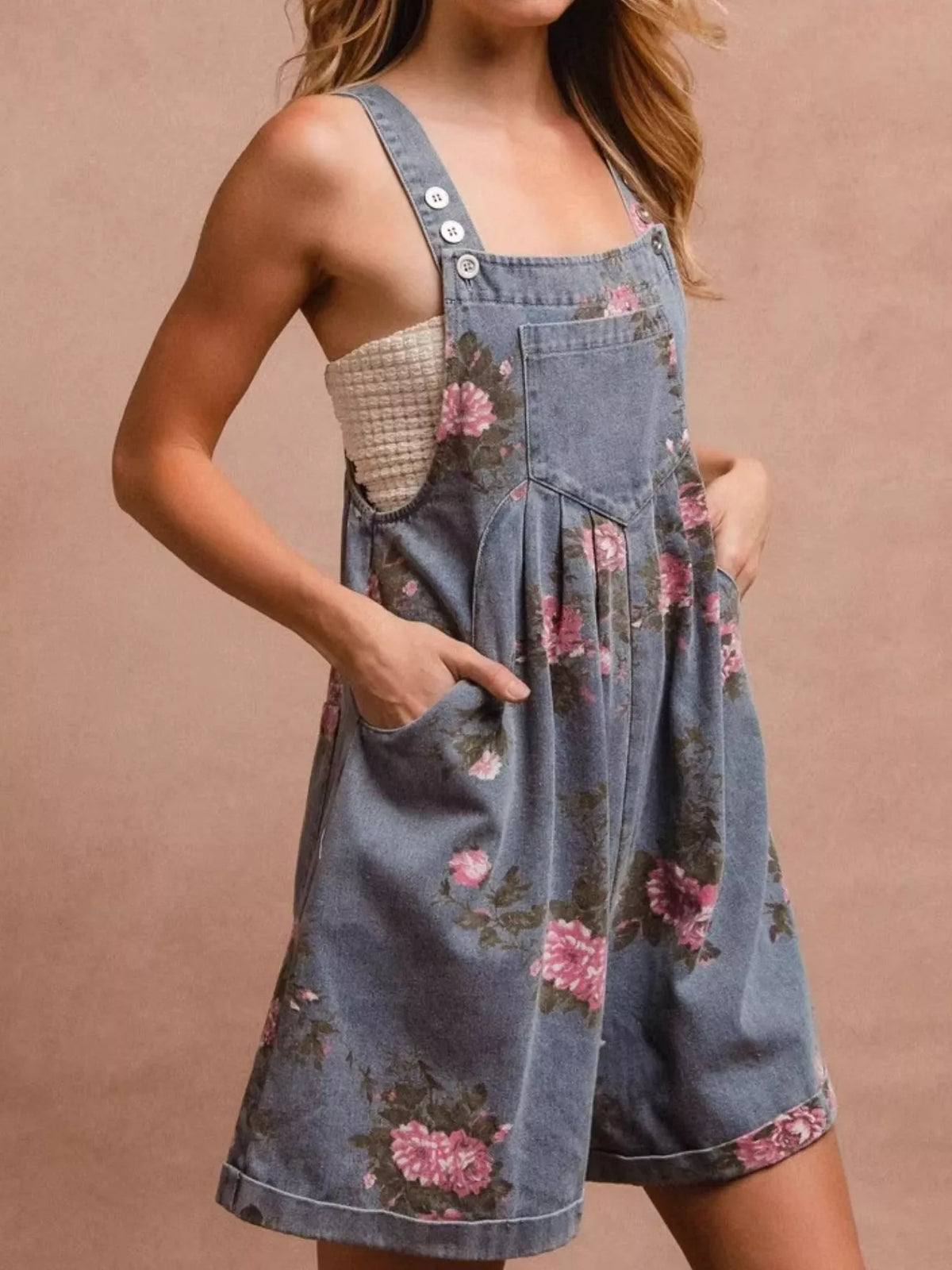 Ruched denim overalls back view