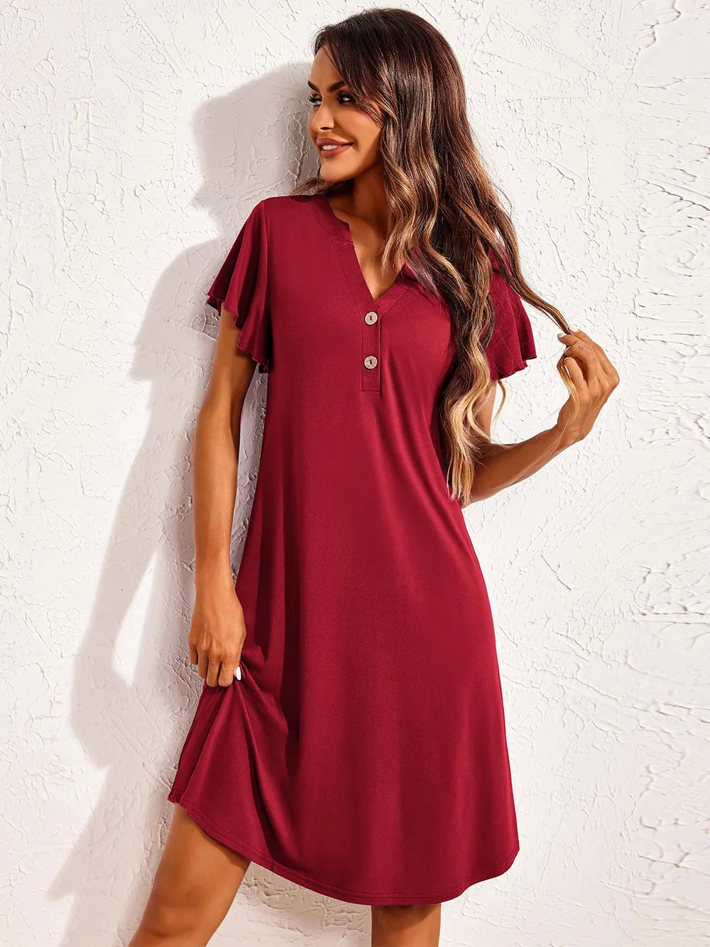 Notched Short Sleeve Lounge Dress Burgundy - Fashorio