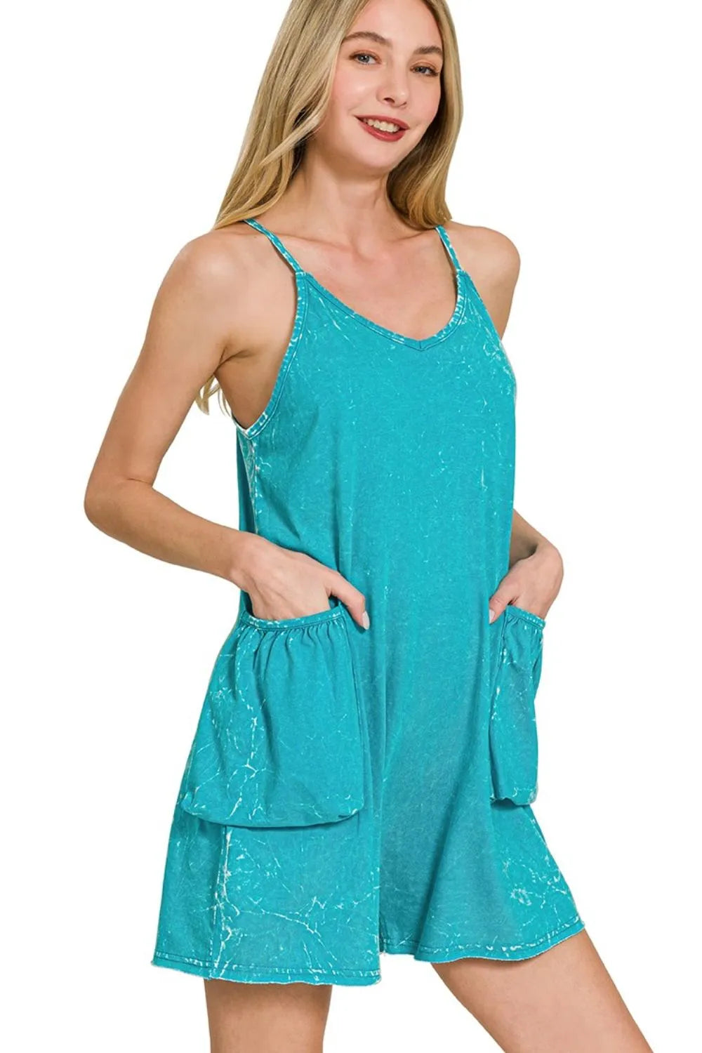Acid Crinkle Washed Spaghetti Strap Romper back view