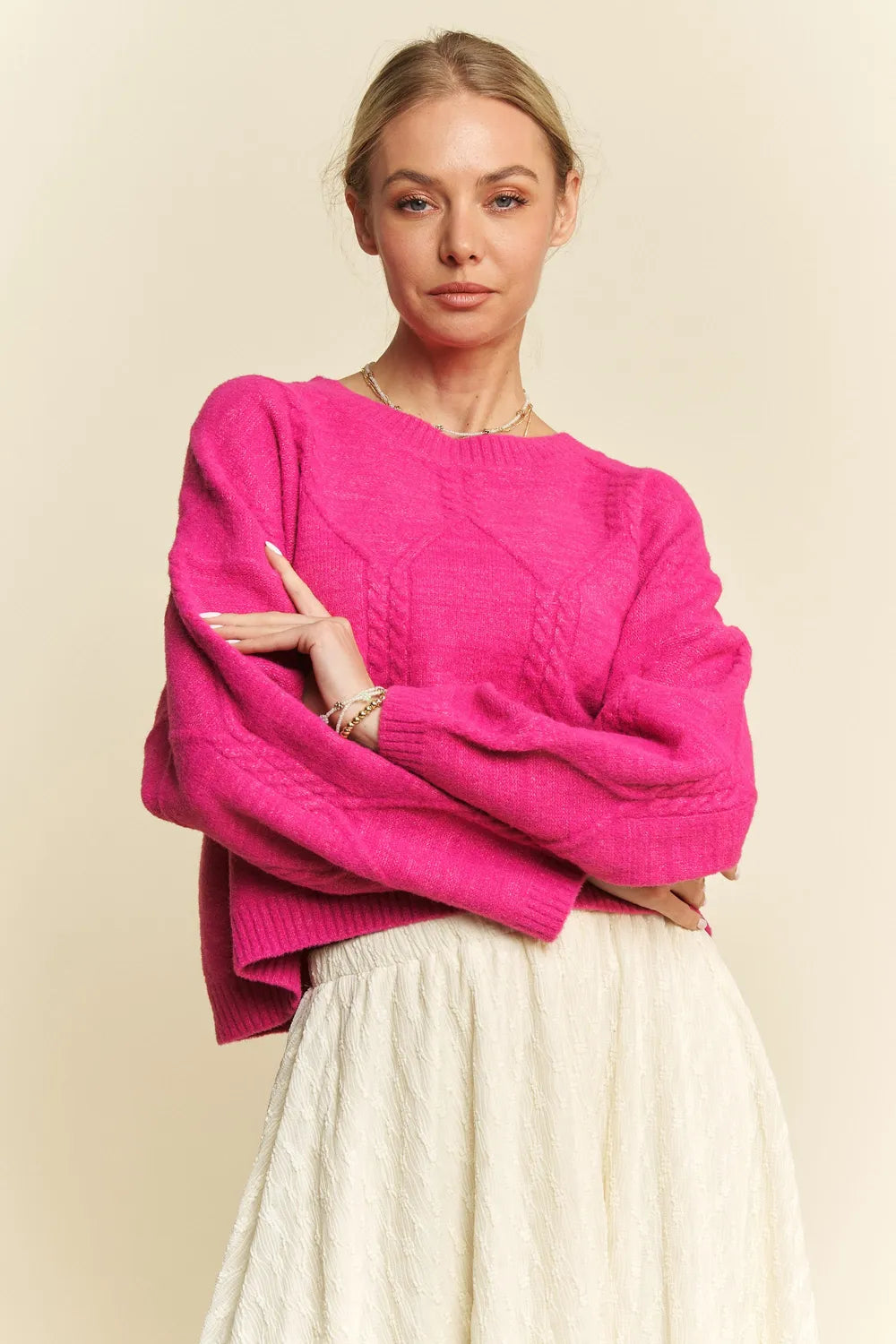 Diamond Cable Knit Drop Shoulder Sweater in Pink back view