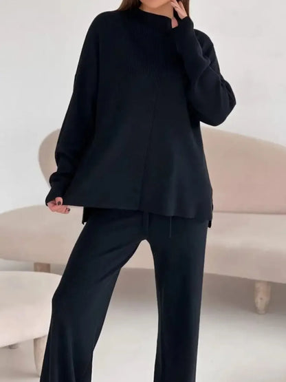 Slit Mock Neck Top and Pants Sweater Set - Fashorio