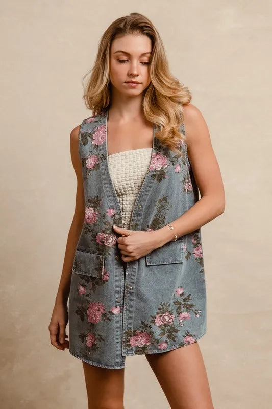 Floral Print Washed Denim Longline Vest in Medium Wash side view