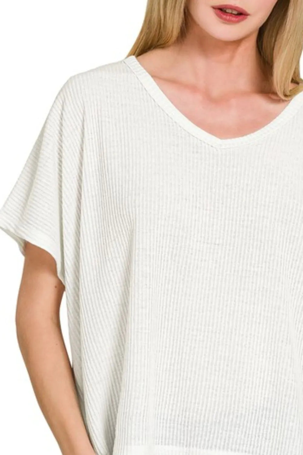 Zenana Ribbed V-Neck Short-Sleeve Knit Top - Fashorio