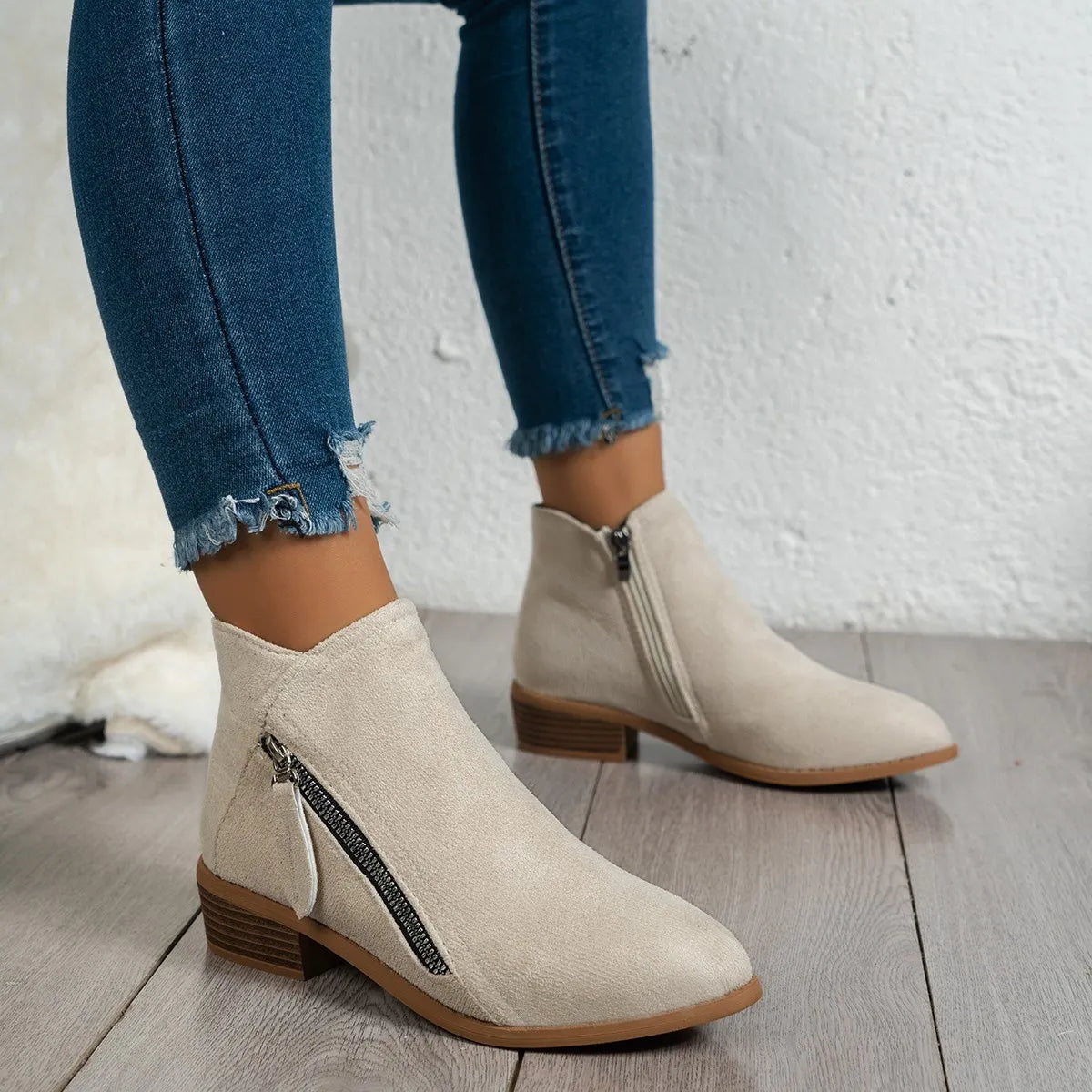 Side Zip Ankle Boots with Block Heel Ivory - Fashorio