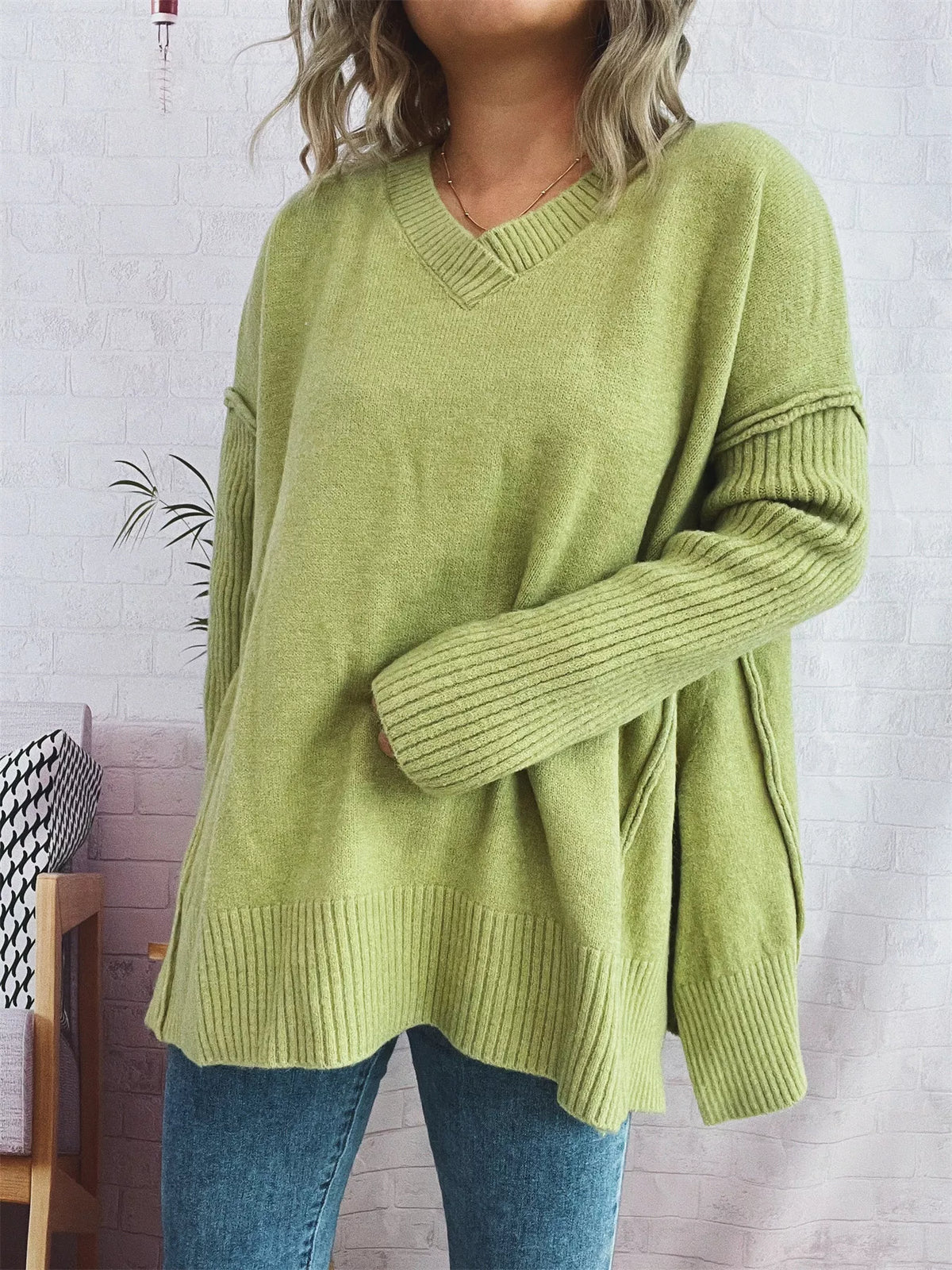 v neck dropped shoulder sweater full view