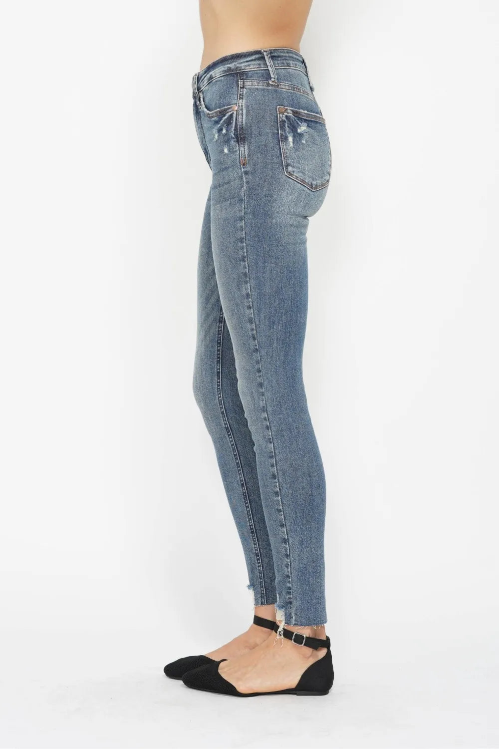 Judy Blue Tummy Control Vintage Wash Hem Distressed Skinny Jeans close up