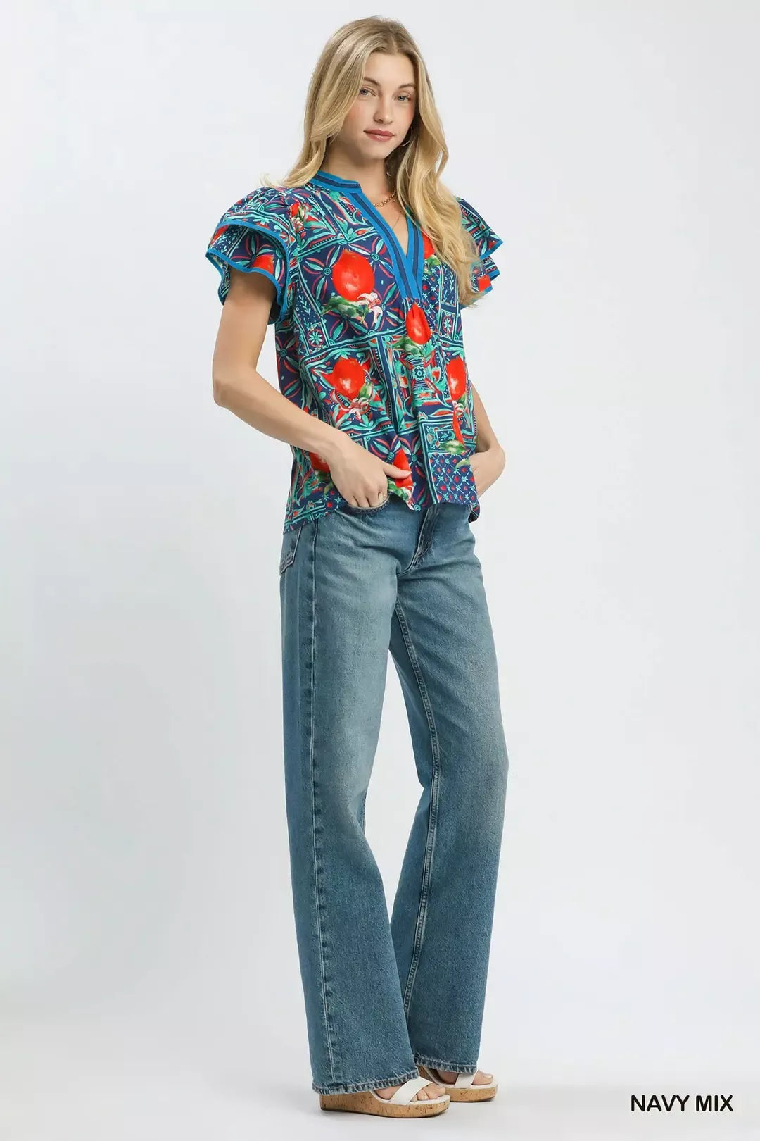 Navy abstract print blouse styled look