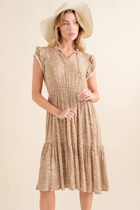 Boho printed tiered maxi dress in taupe side view