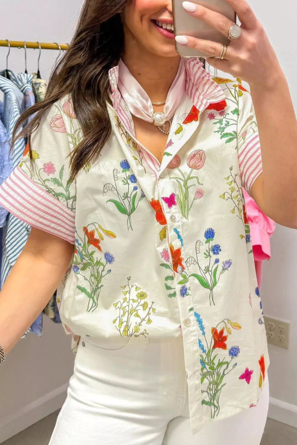 Beige floral stripe patchwork ruffle collar shirt detail view